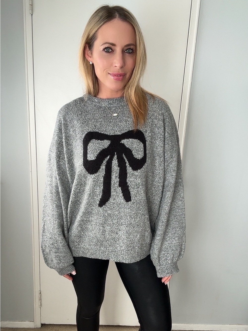 Amazon Gray Crewneck Sweater with Black Bow Detail